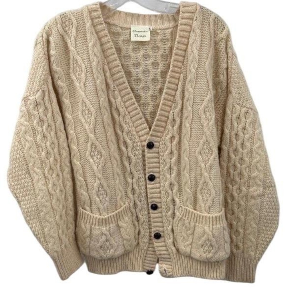Emerald Design‎ Cream Cable Knit Cardigan Sweater Mens Large Chunky V-Neck Ivory